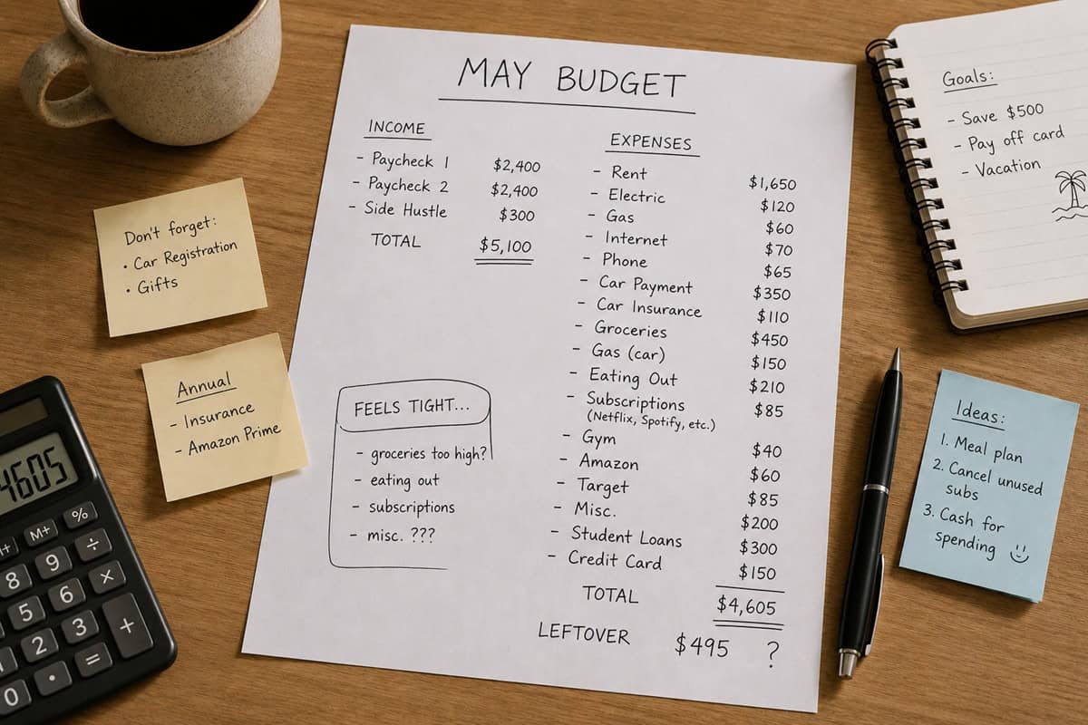 Overhead view of a wooden desk with a handwritten monthly budget, calculator, notebook, sticky notes, coffee mug, and pen, representing personal budgeting and expense planning.