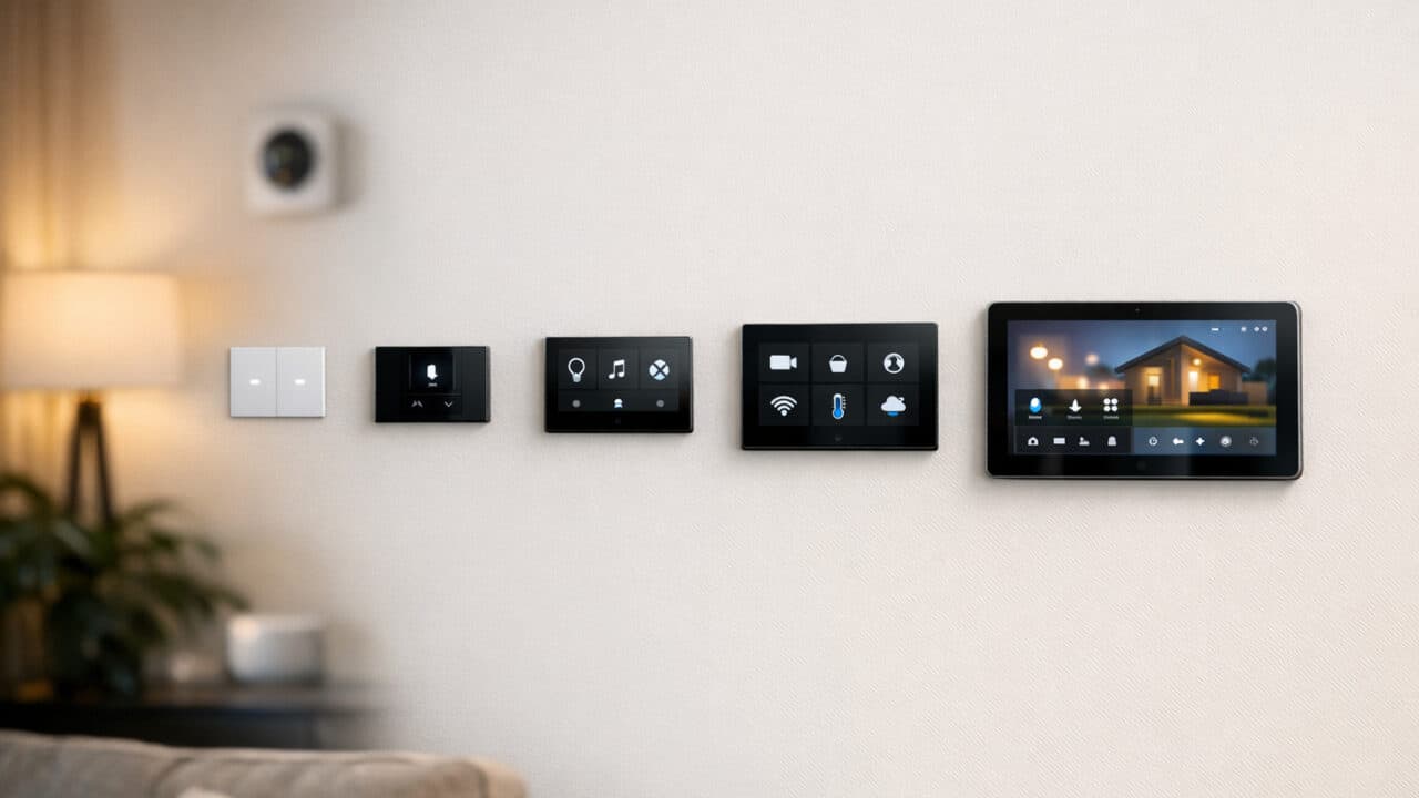 Row of five wall-mounted smart home control panels in a modern living room.