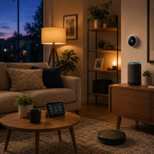 The image is a photorealistic, cozy modern living room at dusk with a warm, sophisticated smart-home feel.