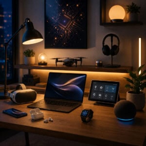A cozy modern workspace at night with a laptop, smartphone, earbuds, smartwatch, VR headset, smart display, speakers, headphones, and drone arranged on a warm wooden desk and shelves.