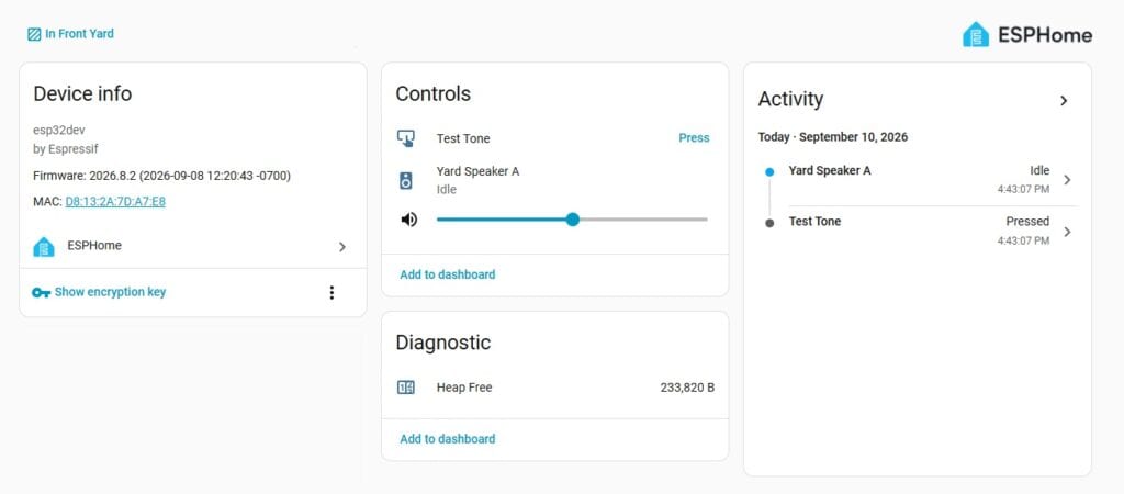Home Assistant dashboard showing the ESP32 yard speaker and it's controls.
