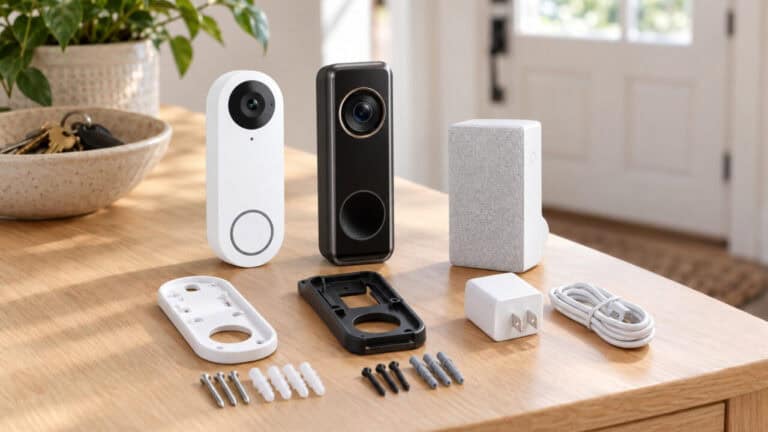 Reolink and eufy video doorbells laid out with accessories on a console table for comparison.