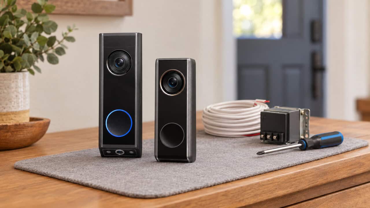 Eufy E340 and S330 video doorbells side by side on a table with wiring and tools behind them.